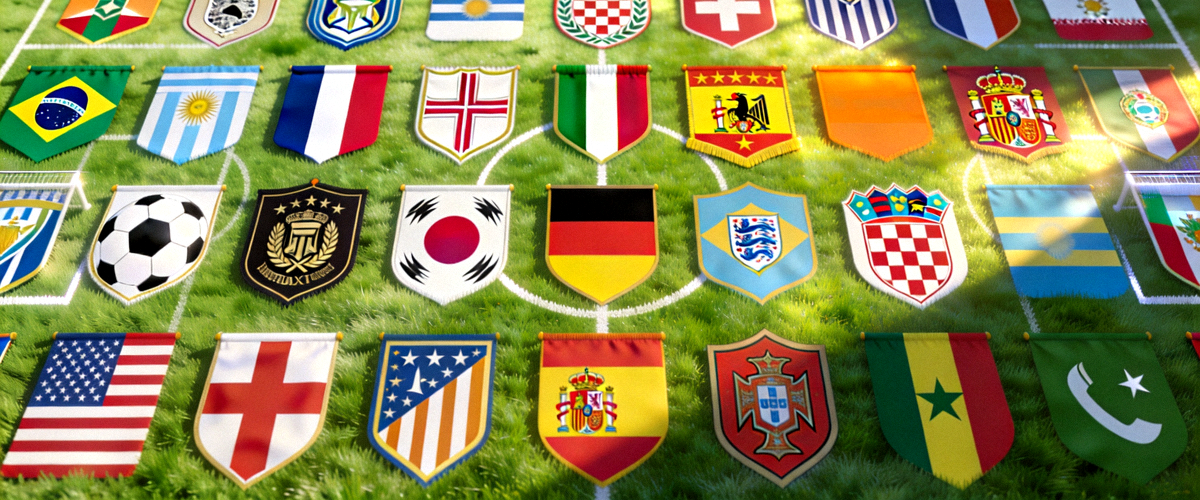 多国国家队队徽在足球场上排列展示的壮观场景